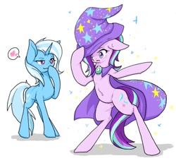 Size: 800x739 | Tagged: safe, artist:azurepicker, character:starlight glimmer, character:trixie, species:pony, species:unicorn, ship:startrix, belly button, bipedal, blushing, cape, clothing, female, floppy ears, hat, heart, lesbian, shipping, simple background, trixie's cape, trixie's hat, white background