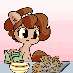 Size: 1650x1650 | Tagged: safe, artist:tjpones, oc, oc:brownie bun, species:earth pony, species:pony, baking, book, brownies, cooking, female, food, funny, gradient background, jewelry, mare, pun, solo, this will end in burnt brownies, this will end in fire, xk-class end-of-the-kitchen scenario