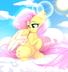 Size: 2200x2300 | Tagged: safe, artist:madacon, character:fluttershy, species:pegasus, species:pony, cloud, cute, cutie mark, female, hooves, lens flare, mare, on a cloud, shyabetes, sitting on a cloud, solo, spread wings, sun, wings
