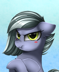Size: 1446x1764 | Tagged: safe, artist:pridark, character:limestone pie, species:earth pony, species:pony, blushing, bust, chest fluff, commission, cute, female, limabetes, limetsun pie, mare, portrait, pouting, scrunchy face, solo, tsundere