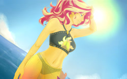 Size: 3840x2400 | Tagged: safe, artist:lilapudelpony, character:sunset shimmer, equestria girls:forgotten friendship, g4, my little pony:equestria girls, beach, belly button, bikini, clothing, female, sarong, solo, sun, swimsuit, water
