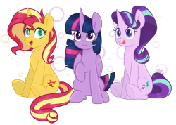 Size: 1200x855 | Tagged: safe, artist:chautung, character:starlight glimmer, character:sunset shimmer, character:twilight sparkle, character:twilight sparkle (alicorn), species:alicorn, species:pony, species:unicorn, magical trio, simple background, sitting, smiling, tongue out, transparent background, trio