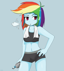 Size: 1280x1422 | Tagged: safe, artist:genericmlp, character:rainbow dash, my little pony:equestria girls, bike shorts, breasts, clothing, compression shorts, exhale, exhausted, female, hand on hip, sexy, simple background, solo, sports bra, sports shorts, tired, towel, water bottle, workout outfit