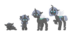 Size: 2733x1245 | Tagged: safe, artist:kapusha-blr, oc, oc only, oc:larva, parent:queen chrysalis, parent:shining armor, parents:shining chrysalis, species:changeling, blue changeling, changeling oc, hybrid, interspecies offspring, offspring, quadrupedal, sad, simple background, solo, white background
