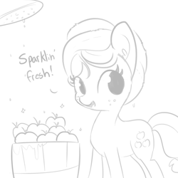 Size: 1650x1650 | Tagged: safe, artist:tjpones, character:applejack, species:earth pony, species:pony, apple, dialogue, female, food, grayscale, mare, monochrome, shower, simple background, solo, towel, white background
