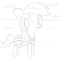 Size: 1650x1650 | Tagged: safe, artist:tjpones, character:rainbow dash, species:pegasus, species:pony, beach, clothing, female, grayscale, mare, monochrome, ocean, simple background, smoldash, solo, swimsuit, white background