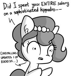 Size: 3000x3000 | Tagged: safe, artist:dsp2003, artist:tjpones, edit, oc, oc:brownie bun, species:earth pony, species:pony, horse wife, 5318008, 8008135, comic, dialogue, ear fluff, english, female, grammar error, grayscale, high res, male, mare, monochrome, open mouth, raised hoof, raised leg, robot, robot pony, simple background, solo, white background
