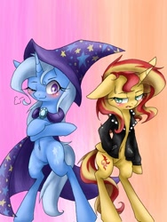 Size: 480x640 | Tagged: safe, artist:azurepicker, character:sunset shimmer, character:trixie, species:pony, species:unicorn, belly button, cape, clothing, cutie mark, female, hat, jacket, leather jacket, one eye closed, semi-anthro, trixie's cape, trixie's hat