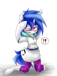 Size: 480x640 | Tagged: safe, artist:azurepicker, character:dj pon-3, character:vinyl scratch, species:pony, species:unicorn, my little pony:equestria girls, blushing, clothing, equestria girls outfit, exclamation point, female, human to pony, interrobang, one eye closed, question mark, solo, transformation
