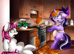 Size: 3509x2550 | Tagged: safe, artist:pridark, oc, oc only, oc:scarlet melody, unnamed oc, species:pony, species:unicorn, apron, bipedal, chest fluff, clothing, commission, flower, food, funny, monster, open mouth, pancakes, pot, stove, syrup, underhoof, what has magic done, what has science done