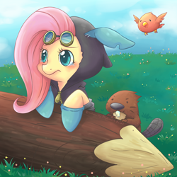Size: 1200x1200 | Tagged: safe, artist:foxmi, artist:phyllismi, character:fluttershy, species:bird, species:pegasus, species:pony, beaver, bunny ears, clothing, collaboration, dangerous mission outfit, female, flutterspy, goggles, hoodie, log, mare, solo