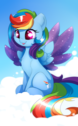 Size: 1250x2000 | Tagged: safe, artist:madacon, character:rainbow dash, species:pegasus, species:pony, chest fluff, cloud, cute, cutie mark, dashabetes, female, hooves, mare, on a cloud, sitting, sitting on a cloud, smiling, solo, sparkles, spread wings, starry eyes, wingding eyes, wings