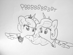 Size: 1920x1440 | Tagged: safe, artist:tjpones, character:princess celestia, character:princess luna, species:alicorn, species:pony, duo, female, lineart, majestic as fuck, mare, monochrome, onomatopoeia, raspberry, raspberry noise, royal sisters, sillestia, silluna, silly, simple background, sisters, sketch, tongue out, traditional art