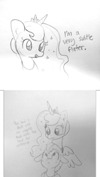 Size: 1595x2825 | Tagged: safe, artist:tjpones, character:princess luna, species:alicorn, species:pony, blatant lies, bust, comic, dialogue, duo, female, flirting, grayscale, guardluna, lineart, male, mare, monochrome, royal guard, sketch, stallion, subtle as a train wreck, this will not end well, traditional art