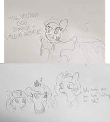 Size: 1847x2059 | Tagged: safe, artist:tjpones, character:princess celestia, character:princess luna, character:twilight sparkle, species:alicorn, species:earth pony, species:pony, bipedal, bust, comic, dialogue, female, grayscale, lineart, mare, monochrome, royal sisters, sacrifice, shaman, this will end in tears and/or death, traditional art, volcano