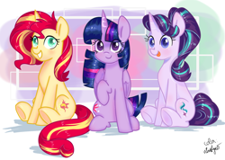 Size: 1510x1076 | Tagged: safe, alternate version, artist:ch-chau, artist:chautung, artist:whiskyice, character:starlight glimmer, character:sunset shimmer, character:twilight sparkle, character:twilight sparkle (alicorn), species:alicorn, species:pony, abstract background, collaboration, magical trio, simple background, sitting, smiling, tongue out, trio