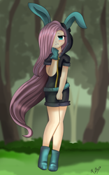 Size: 1280x2053 | Tagged: safe, artist:pridark, character:fluttershy, blushing, bunny ears, clothing, cute, dangerous mission outfit, female, gloves, hair over one eye, hoodie, humanized, looking at you, shyabetes, solo