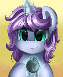 Size: 1446x1764 | Tagged: safe, artist:pridark, oc, oc only, oc:swirly daze, species:pony, species:unicorn, g4, abstract background, amulet, bust, chest fluff, commission, ear fluff, front view, full face view, glowing horn, gradient background, horn, levitation, magic, portrait, simple background, smiling, solo, telekinesis, unicorn oc, yellow background