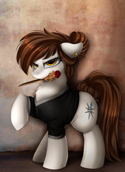 Size: 2550x3509 | Tagged: safe, artist:pridark, oc, oc only, species:earth pony, species:pony, clothing, commission, dangerous, female, looking at you, mare, mouth hold, solo