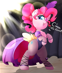 Size: 2400x2800 | Tagged: safe, artist:madacon, character:pinkie pie, species:earth pony, species:pony, g4, adorasexy, bipedal, chest fluff, clothing, cute, dialogue, feather in hair, female, high res, leotard, mare, one eye closed, rearing, saloon dress, saloon pinkie, sexy, solo, stage, wink