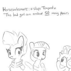 Size: 1650x1650 | Tagged: safe, artist:tjpones, character:starlight glimmer, character:tempest shadow, character:twilight sparkle, character:twilight sparkle (alicorn), species:alicorn, species:pony, species:unicorn, broken horn, car salesman, dialogue, eye scar, female, horn, mare, meme, monochrome, scar, slaps roof of car meme, trio, wings