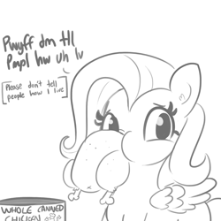 Size: 1650x1650 | Tagged: safe, artist:tjpones, character:fluttershy, species:bird, species:chicken, species:pegasus, species:pony, black and white, dialogue, ear fluff, female, food, grayscale, mare, monochrome, ponies eating meat, simple background, simpsons did it, solo, subtitles, the simpsons, white background, wings