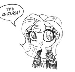 Size: 1010x967 | Tagged: safe, artist:tjpones, edit, editor:dsp2003, character:sunset shimmer, species:human, my little pony:equestria girls, black and white, bust, cute, dialogue, female, grayscale, monochrome, simple background, sketch, solo, speech bubble, text edit, traditional art, truth, white background
