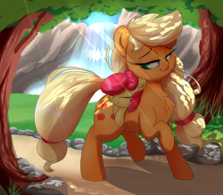 Size: 3200x2800 | Tagged: safe, artist:madacon, character:apple bloom, character:applejack, species:earth pony, species:pony, adorabloom, carrying, chest fluff, crepuscular rays, cute, dappled sunlight, dawwww, eyes closed, female, filly, grass, looking over shoulder, mare, pathway, ponies riding ponies, resting, scenery, siblings, sisterly love, sisters, sleeping, smiling, sunshine, tree, water, waterfall