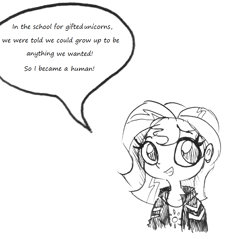Size: 1414x1353 | Tagged: safe, artist:tjpones, edit, editor:steel, character:sunset shimmer, species:human, my little pony:equestria girls, black and white, bust, cute, dialogue, female, grayscale, monochrome, simple background, sketch, solo, speech bubble, text edit, they told me, traditional art, truth, white background