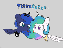 Size: 1889x1440 | Tagged: safe, artist:tjpones, edit, editor:childofthenight, character:princess celestia, character:princess luna, species:alicorn, species:pony, color edit, colored, crown, female, jewelry, mare, regalia, royal sisters, silly, simple background, sisters, tongue out