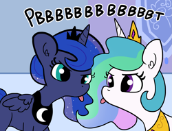 Size: 1889x1440 | Tagged: safe, artist:tjpones, character:princess celestia, character:princess luna, species:alicorn, species:pony, blep, cute, cutelestia, ear fluff, eye contact, female, glare, looking at each other, lunabetes, majestic as fuck, mare, maturity, raspberry, raspberry noise, royal sisters, sillestia, silluna, silly, text, tongue out
