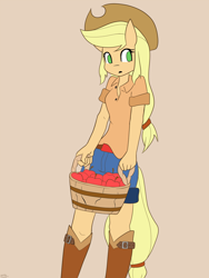 Size: 1000x1333 | Tagged: safe, artist:genericmlp, character:applejack, species:anthro, species:earth pony, species:pony, apple, basket, clothing, cowboy hat, female, food, hat, mare, simple background, solo, stetson