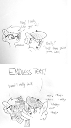 Size: 1580x2834 | Tagged: safe, artist:tjpones, oc, oc:tjpones, species:earth pony, species:pony, artist, bust, clothing, comic, dialogue, duo, glasses, grayscale, hat, lineart, male, meta, monochrome, stallion, traditional art, tumblr