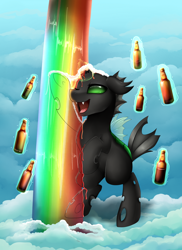 Size: 2550x3509 | Tagged: safe, artist:pridark, oc, oc only, species:changeling, alcohol, beer, bottle, broken horn, changeling oc, cloud, commission, digital art, green changeling, green eyes, happy, high res, magic, one eye closed, open mouth, rainbow, shower, smiling, solo