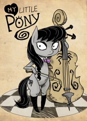 Size: 500x700 | Tagged: safe, artist:shepherd0821, character:octavia melody, species:earth pony, species:pony, alternate hairstyle, bipedal, bow (instrument), cello, cello bow, clothing, female, mare, musical instrument, socks, solo, stockings, style emulation, tim burton