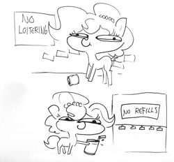Size: 1555x1440 | Tagged: safe, artist:tjpones, oc, oc only, oc:brownie bun, species:pony, drink, drinking straw, female, fuck the police, monochrome, monster, pure unfiltered evil, simple background, sketch, smiling, soda can, some men just want to watch the world burn, white background