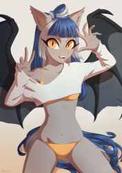 Size: 905x1280 | Tagged: safe, artist:glorious-rarien, oc, oc only, oc:midnight rush, species:anthro, species:bat pony, species:pony, anthro oc, bat pony oc, bikini, clothing, female, looking at you, mare, shirt, solo, swimsuit