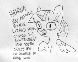 Size: 1640x1307 | Tagged: safe, artist:tjpones, character:twilight sparkle, character:twilight sparkle (alicorn), species:alicorn, species:pony, bad poker face, conspiracy theory, dialogue, fangs, female, lineart, lizard pony, mare, not a lizard pony, open mouth, seems legit, solo, traditional art