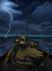 Size: 2550x3509 | Tagged: safe, artist:pridark, character:lightning streak, oc, oc only, species:bird, species:crow, species:dracony, species:pony, g4, cloud, commission, dark clouds, lightning, ocean, open mouth, panicking, scenery, ship, sitting, solo, storm, unamused