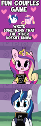 Size: 1650x4950 | Tagged: safe, artist:tjpones, edit, character:princess cadance, character:shining armor, species:alicorn, species:pony, species:unicorn, awkward, chalkboard, comic, ear fluff, female, fun couples game meme, game, heart, hoof hold, hoof shoes, implied flurry heart, implied infidelity, implied pregnancy, infertility, male, mare, pregnant, sign, stallion, this will end in divorce, unshorn fetlocks