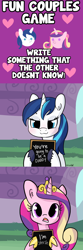 Size: 1650x4950 | Tagged: safe, artist:dsp2003, artist:tjpones, edit, character:princess cadance, character:shining armor, species:alicorn, species:pony, species:unicorn, ship:shiningcadance, :3, chalkboard, comic, ear fluff, edit of an edit of an edit, edited edit, female, fun couples game meme, game, gleaming shield, heart, hoof hold, hoof shoes, implied cheating, implied flurry heart, implied infidelity, implied pregnancy, implied straight, infertility, inverted mouth, lesbian, male, mare, meme, open mouth, pregnant, prince bolero, rule 63, shipping, straight, surprised, this will end in divorce, unshorn fetlocks