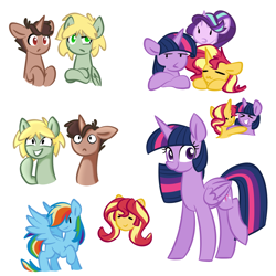Size: 1000x1000 | Tagged: safe, artist:chautung, character:rainbow dash, character:starlight glimmer, character:sunset shimmer, character:twilight sparkle, character:twilight sparkle (alicorn), oc, species:alicorn, species:pony, ship:sunsetsparkle, my little pony:equestria girls, cute, dashabetes, doodle, eyes closed, female, glimmerbetes, hug, lesbian, shimmerbetes, shipping, twiabetes
