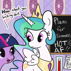 Size: 1650x1650 | Tagged: safe, artist:tjpones, character:princess celestia, character:twilight sparkle, species:alicorn, species:pony, chalkboard, cute, dialogue, duo, eye contact, female, frown, looking at each other, looking back, mare, open mouth, raised eyebrow, smiling, spread wings, summer, thermometer, vulgar, wide eyes, wings