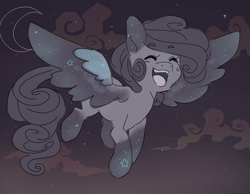 Size: 736x571 | Tagged: safe, artist:clayterran, oc, oc only, oc:astra, species:pegasus, species:pony, eyes closed, female, flying, happy, mare, smiling, solo, stars