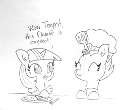Size: 1651x1440 | Tagged: safe, artist:tjpones, character:fizzlepop berrytwist, character:tempest shadow, character:twilight sparkle, character:twilight sparkle (alicorn), species:alicorn, species:pony, species:unicorn, black and white, broken horn, chef's hat, clothing, dialogue, duo, ear fluff, eye scar, eyes closed, female, grayscale, hat, lineart, mare, monochrome, scar, spatula, tempest gets her horn back, traditional art