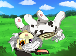 Size: 2494x1816 | Tagged: safe, artist:pridark, oc, oc only, oc:nib, species:pony, species:rabbit, animal costume, blep, bunny costume, bunny ears, clothing, costume, cute, derp, grass, heterochromia, ocbetes, silly, solo, tongue out, upside down