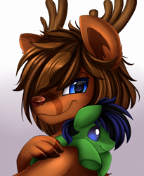 Size: 1446x1764 | Tagged: safe, artist:pridark, oc, oc only, species:deer, species:pony, blue eyes, commission, deer oc, male, plushie, smiling, smirk, solo, toy