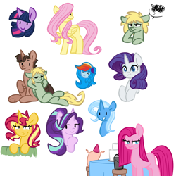 Size: 1000x1000 | Tagged: safe, artist:chautung, character:fluttershy, character:pinkamena diane pie, character:pinkie pie, character:rainbow dash, character:rarity, character:starlight glimmer, character:sunset shimmer, character:trixie, character:twilight sparkle, oc, oc:hyde, oc:jekyll