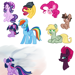 Size: 1000x1000 | Tagged: safe, artist:chautung, character:pinkie pie, character:starlight glimmer, character:sunset shimmer, character:tempest shadow, character:twilight sparkle, character:twilight sparkle (alicorn), character:twilight sparkle (scitwi), oc, oc:hyde, oc:jekyll, species:alicorn, species:pony, beanie, cap, clothing, equestria girls ponified, hat, ponified
