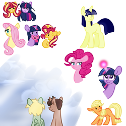 Size: 1000x1000 | Tagged: safe, artist:chautung, character:applejack, character:fluttershy, character:pinkie pie, character:sunset shimmer, character:twilight sparkle, oc, oc:hyde, oc:jekyll, ship:sunsetsparkle, female, lesbian, shipping